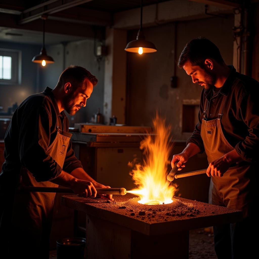 Glassblowers shaping molten glass into intricate forms