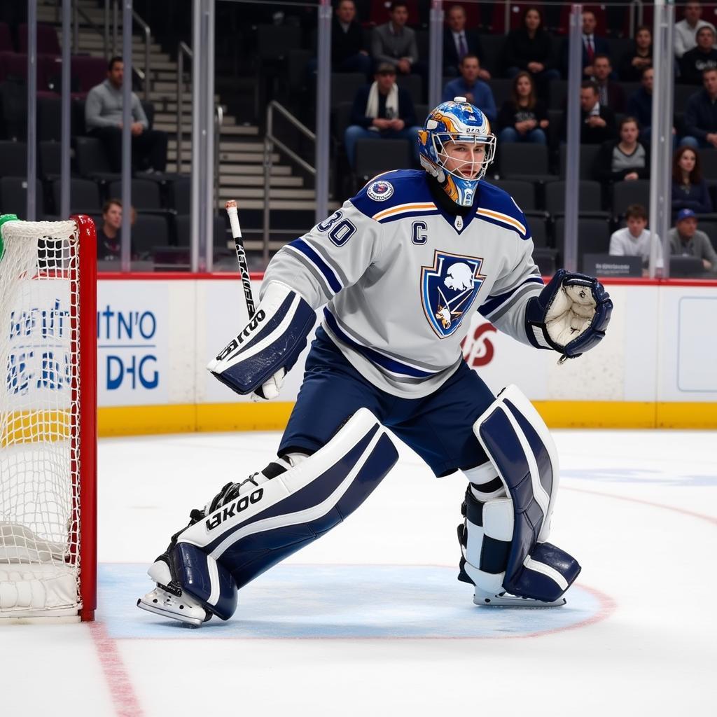 Goalie demonstrating the left wing lock stance