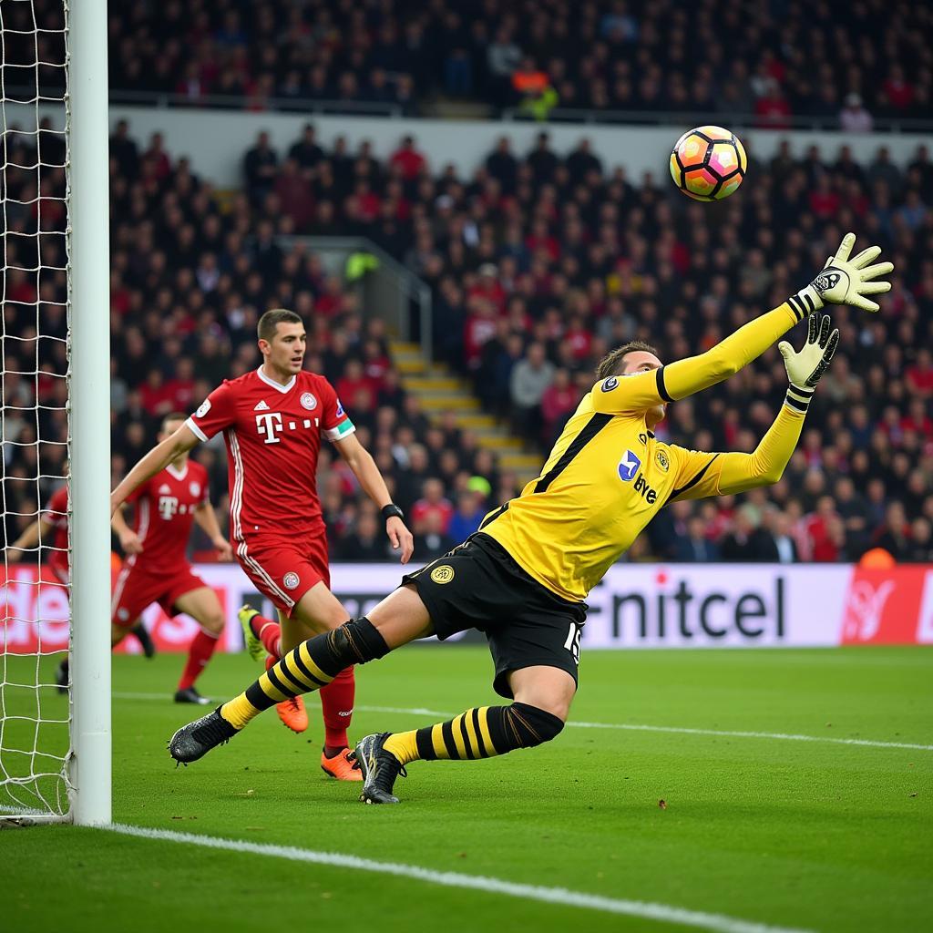 Leverkusen's goalkeeper making a diving save