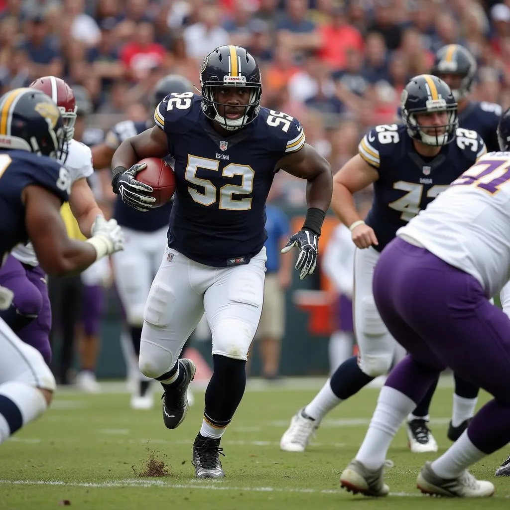 Linebacker blitzing in a football game