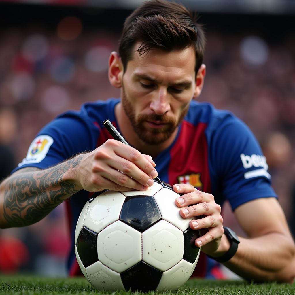 Lionel Messi signing a soccer ball