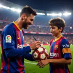 Lionel Messi signing a soccer ball for a young fan