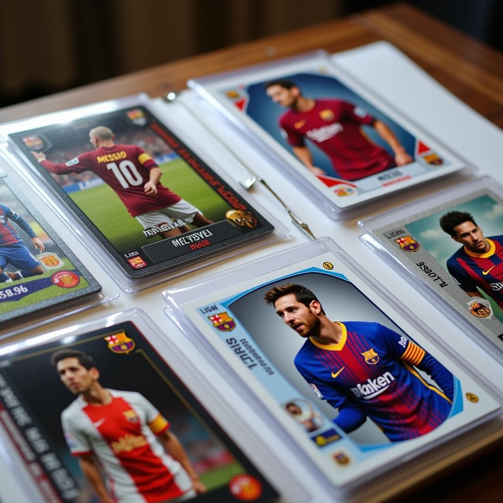 A collection of Lionel Messi soccer cards displayed in protective sleeves.