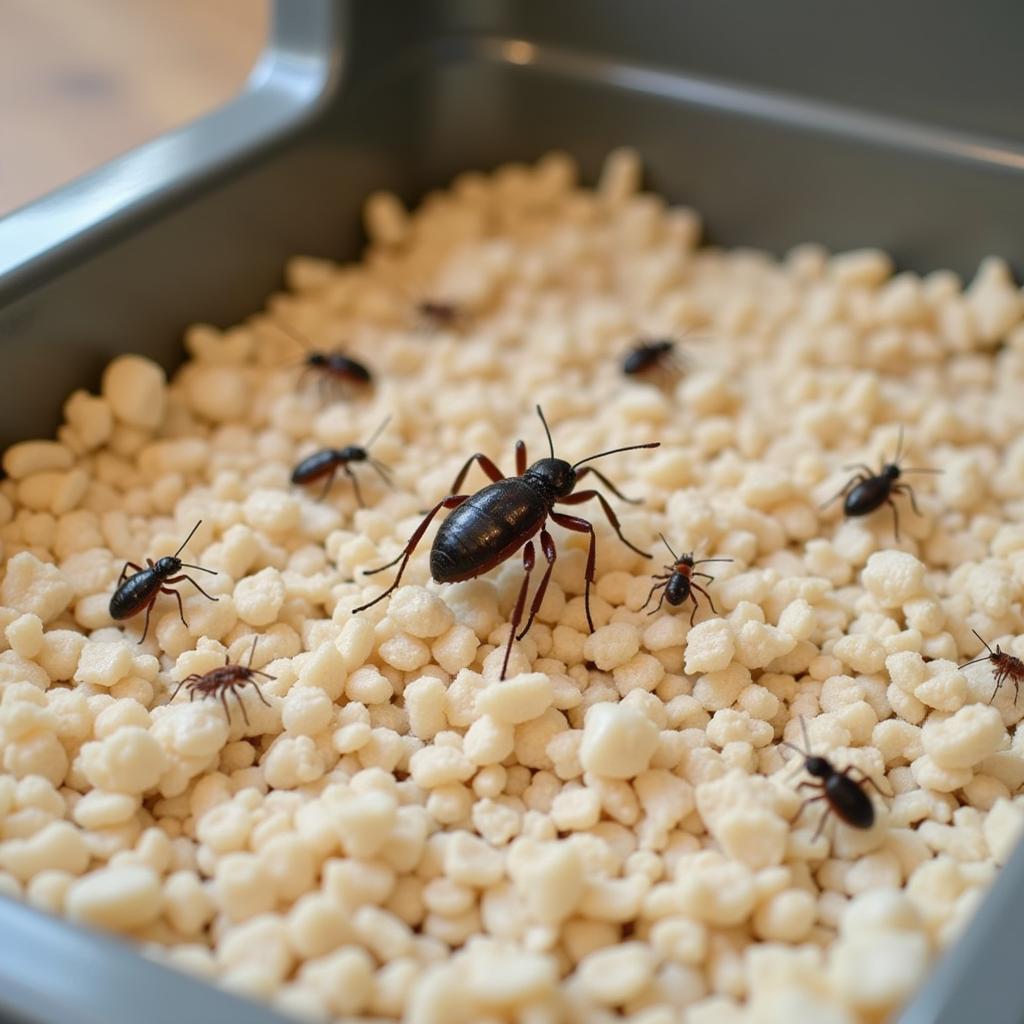 Close-up of small bugs crawling in cat litter