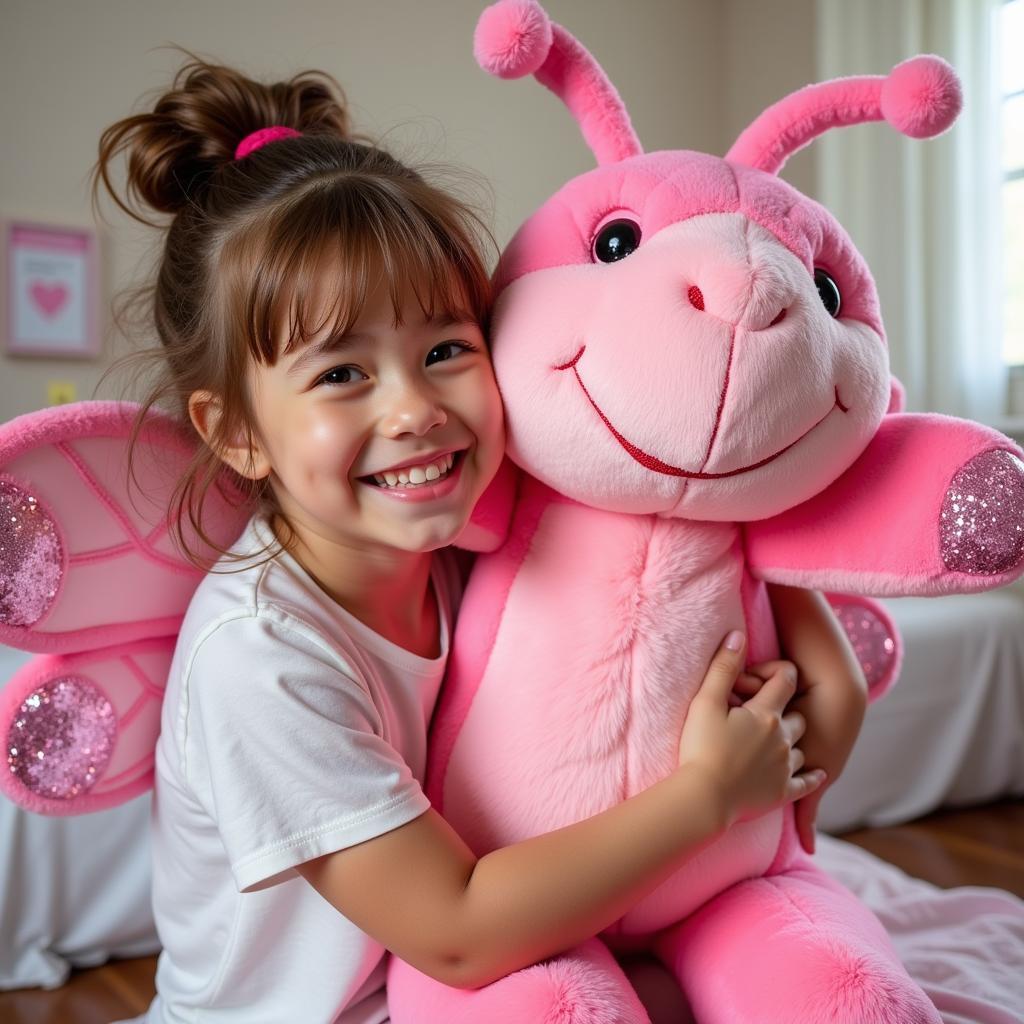 A Little Girl Beams While Embracing a Giant Love Bug Plush Toy