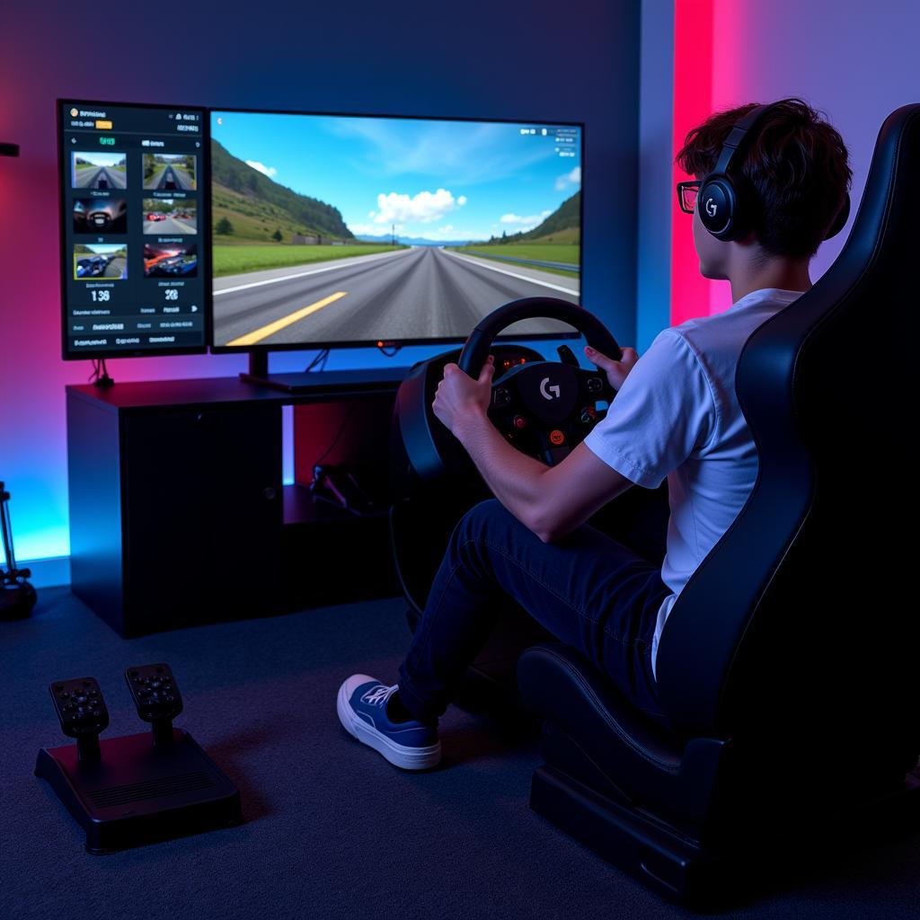 Gamer Using Logitech G920 Racing Wheel and Pedals with Gaming PC