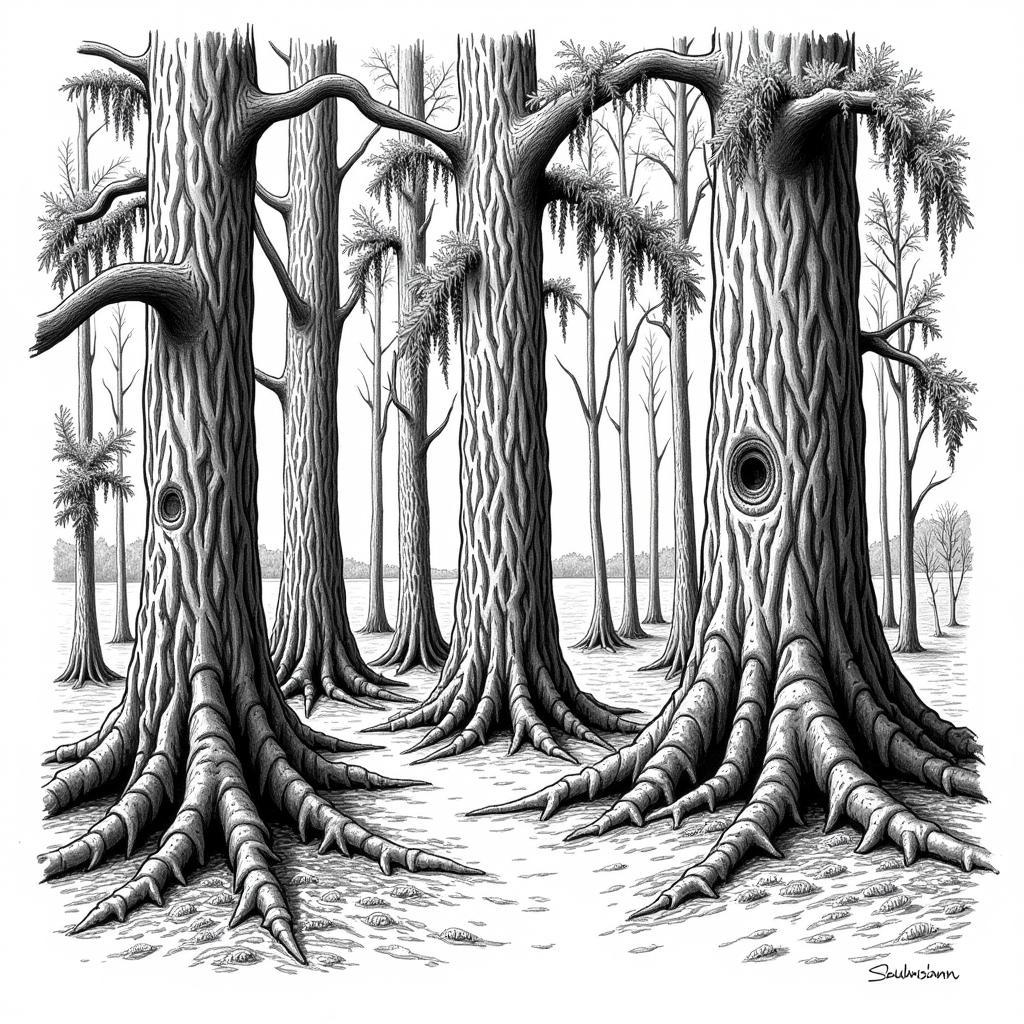 Louisiana Swamp Drawing Focusing on Cypress Trees