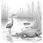 Louisiana Swamp Drawing Depicting Wildlife in its Natural Habitat