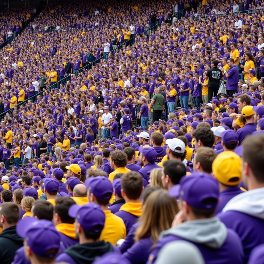 LSU Tigers fans wearing purple and gold in the stands of an away game.