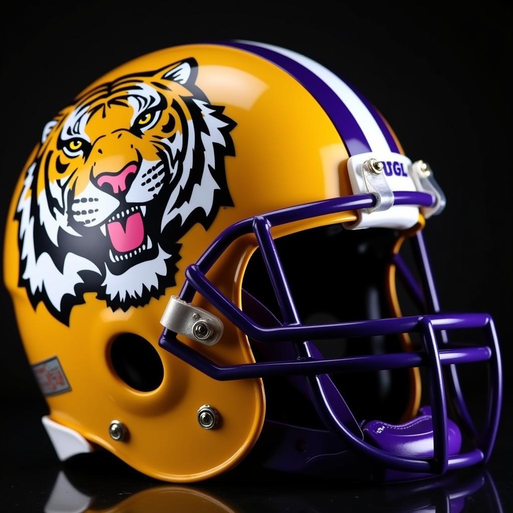 Close-up of the LSU Tigers helmet with the iconic tiger eye logo.