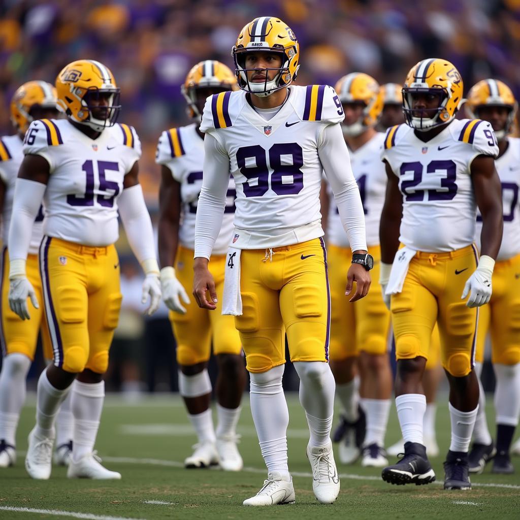 LSU Tigers players in white jerseys and gold pants during an away game.