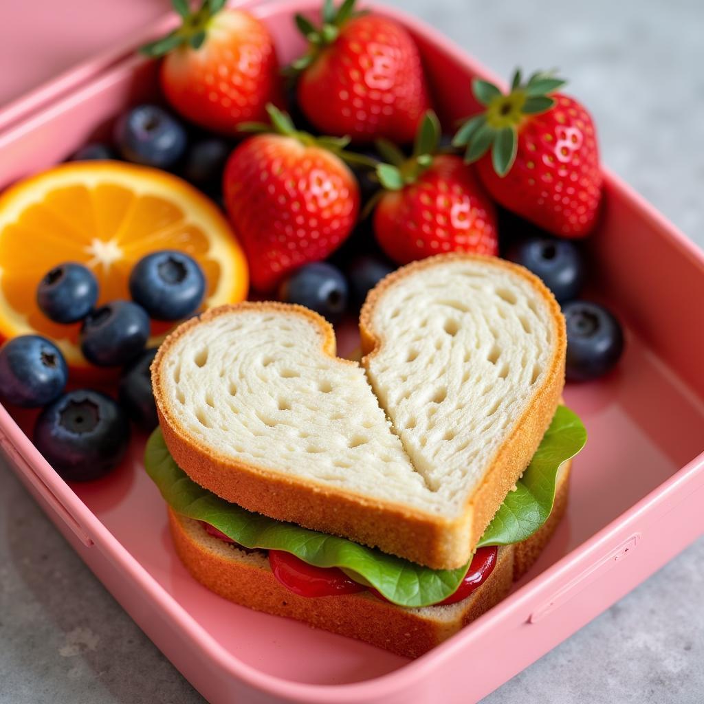  A lunchbox with a heart-shaped sandwich and a variety of fruits