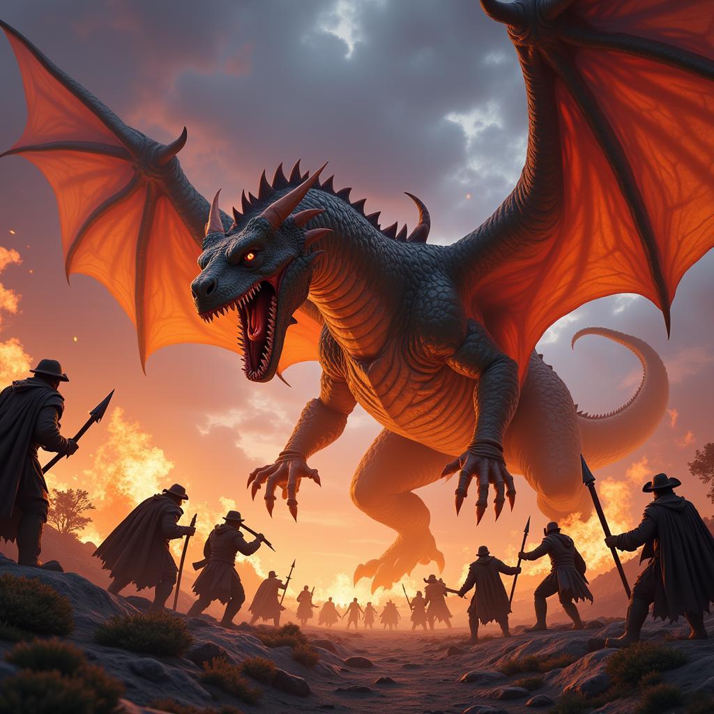 A group of adventurers battling a colossal dragon