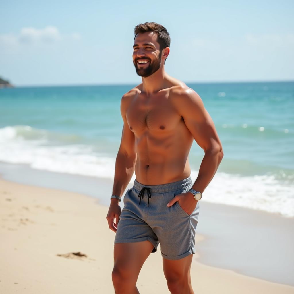 Man enjoying the beach in tan through swim shorts