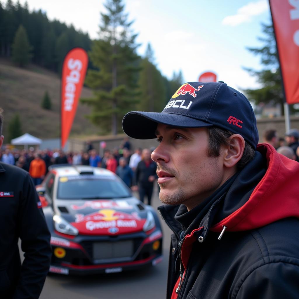 A man wearing a WRC hat at a rally event