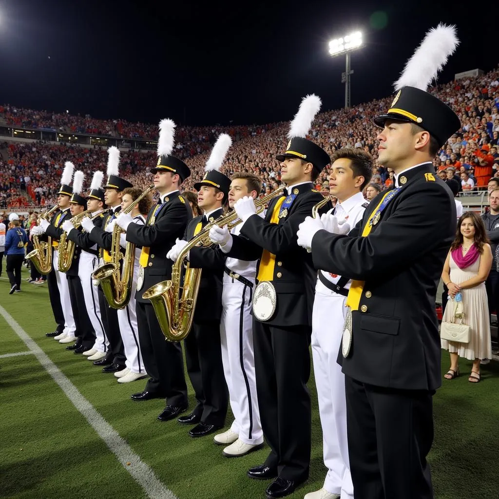 Marching band's chant exciting the crowd at a game