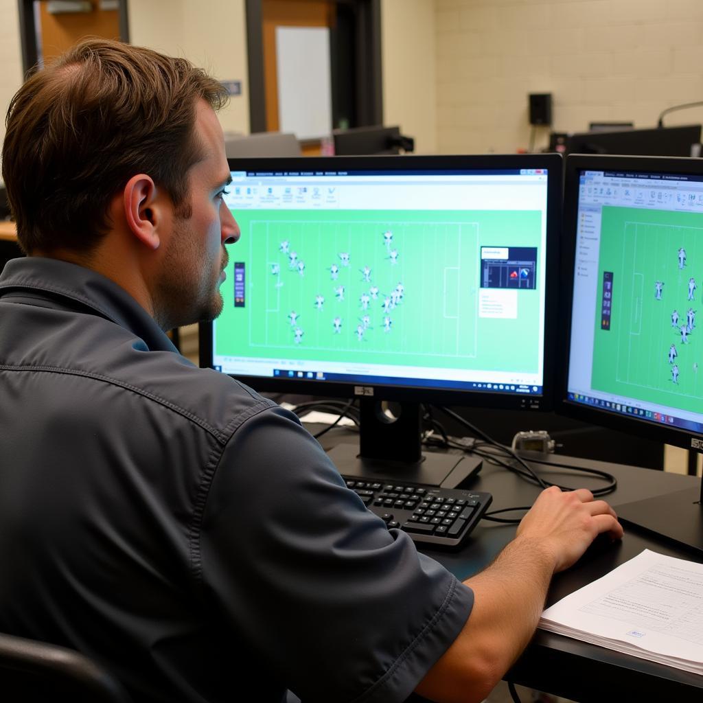 Marching band director using software to plan formations and movements for a field show