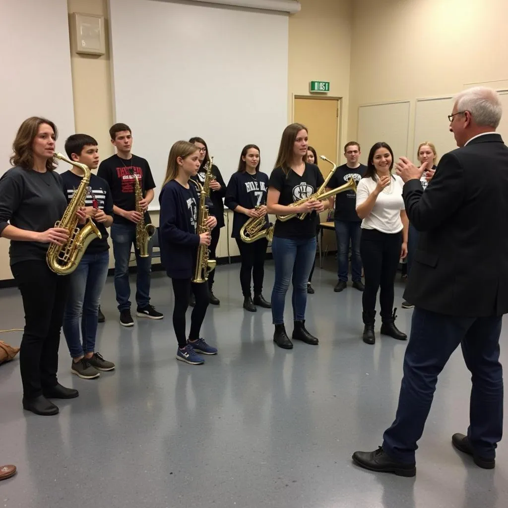 Marching band members practicing a chant during rehearsal