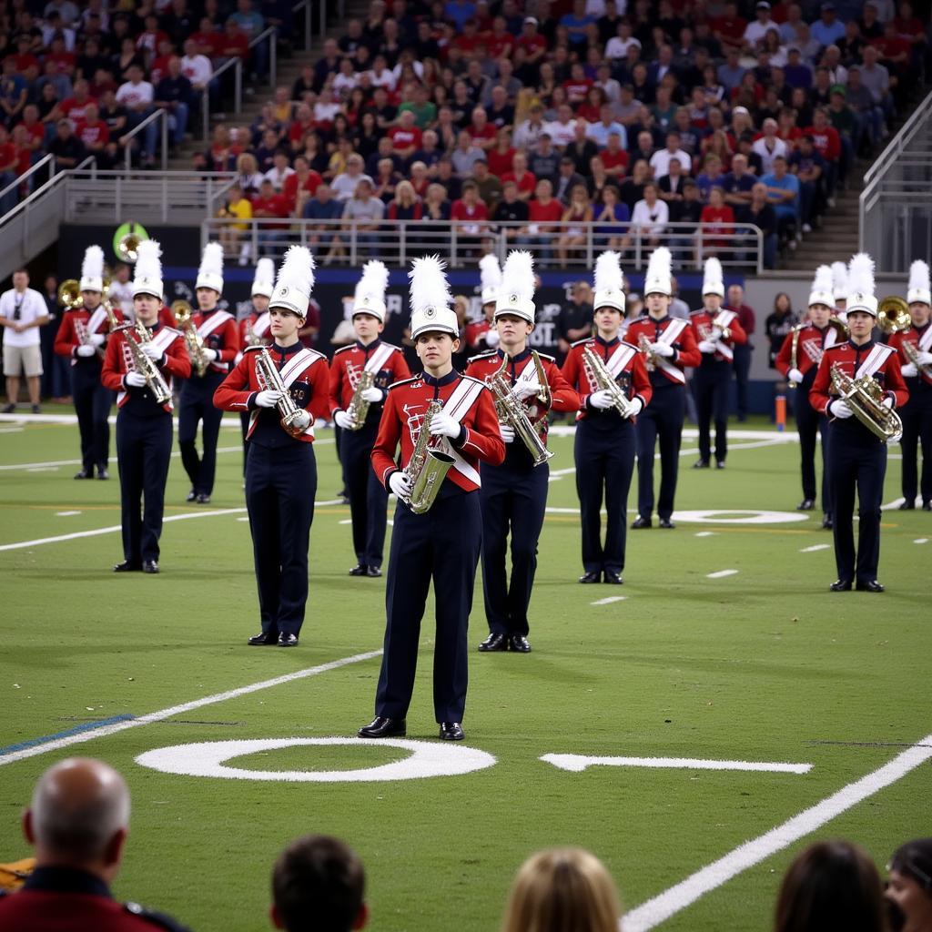 Marching band performing their complete field show at a competition with judges in the background