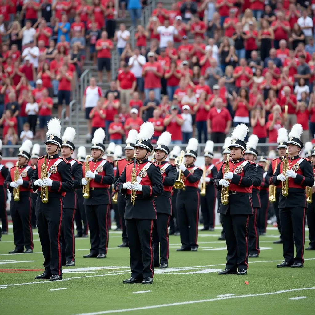 Marching band performing a chant during a halftime show