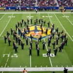 Marching band performing a field show with intricate formations and colorful flags