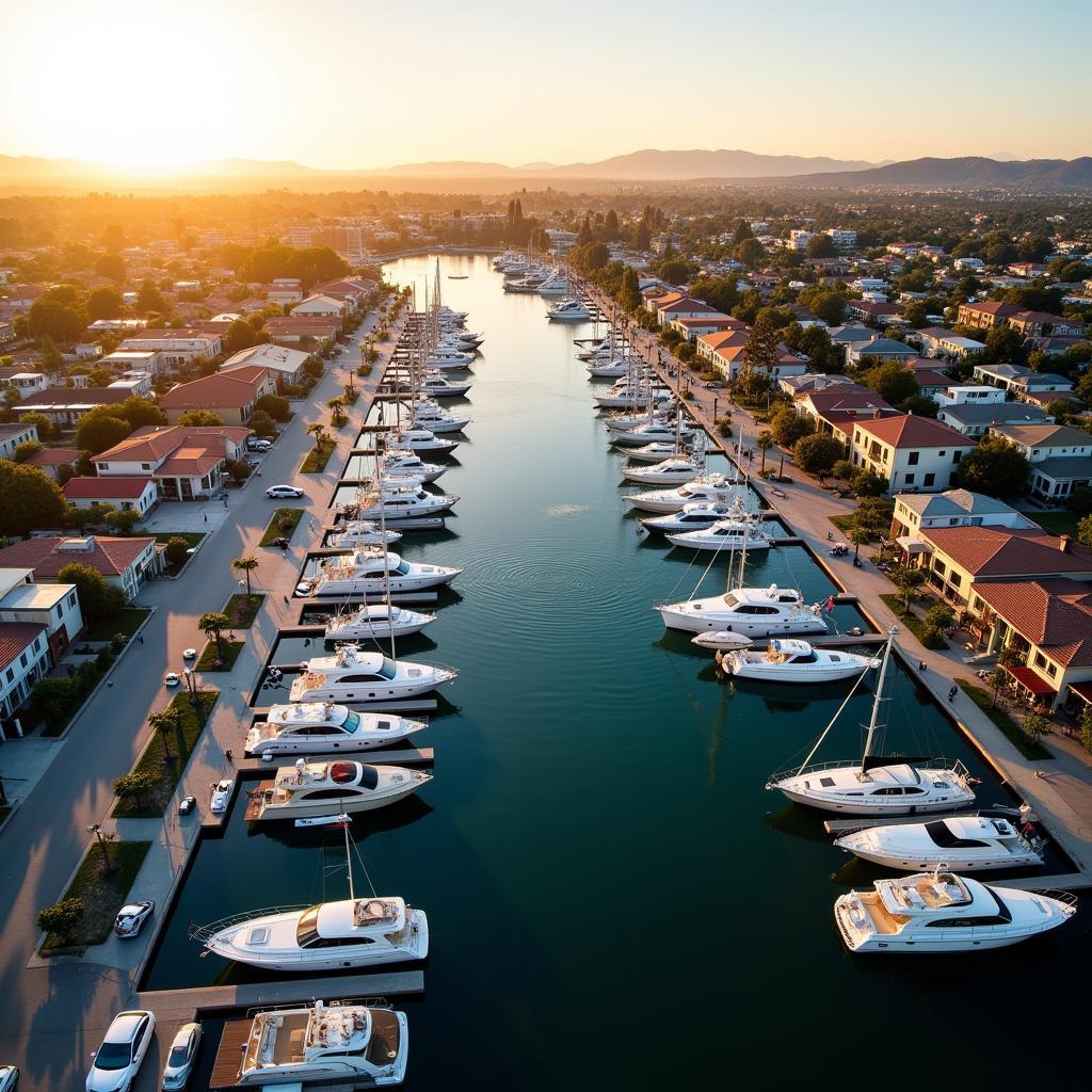 Aerial view of Marina del Rey harbor with boats and waterfront restaurants