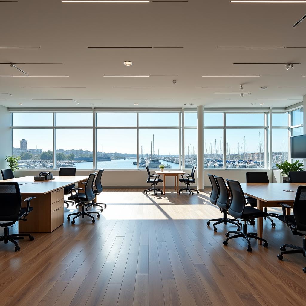 Bright and spacious office interior with Marina views