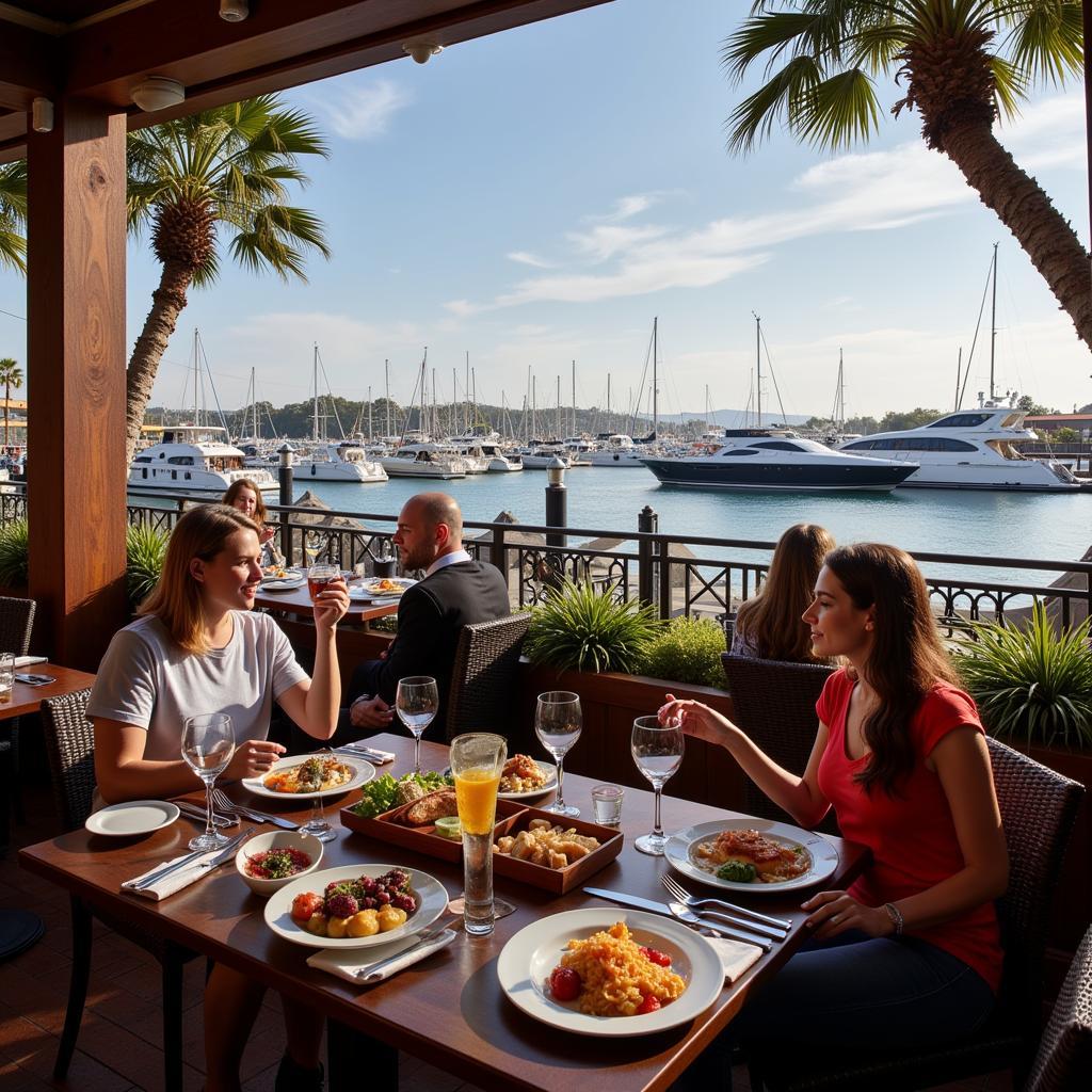 Outdoor seating at a waterfront restaurant in Marina del Rey with views of the harbor