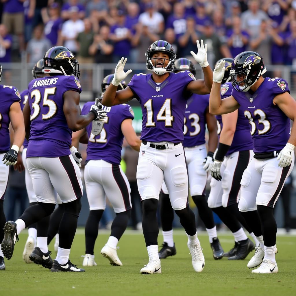 Mark Andrews celebrates a touchdown with teammates