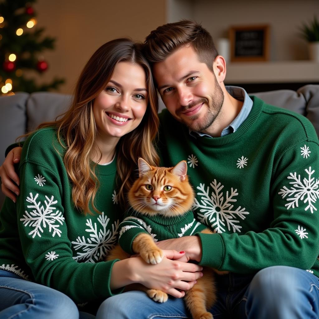 Couple Wearing Matching Sweaters While Cuddling Their Cat