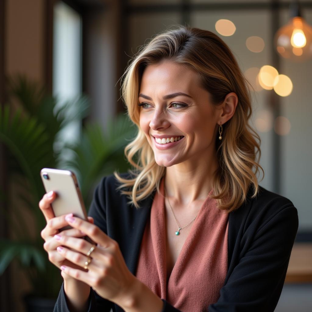 Confident woman smiling while swiping on a dating app