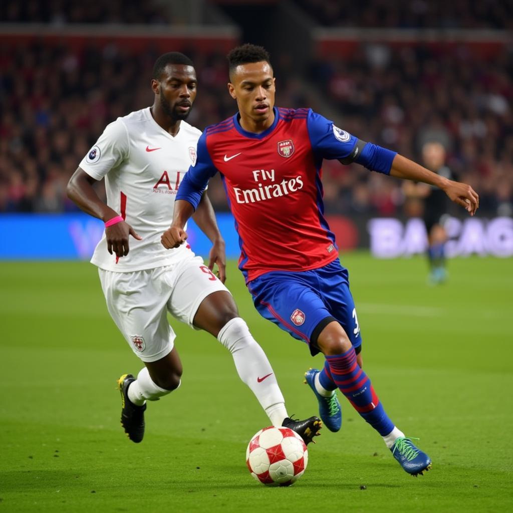 Kylian Mbappe dribbles past a defender.