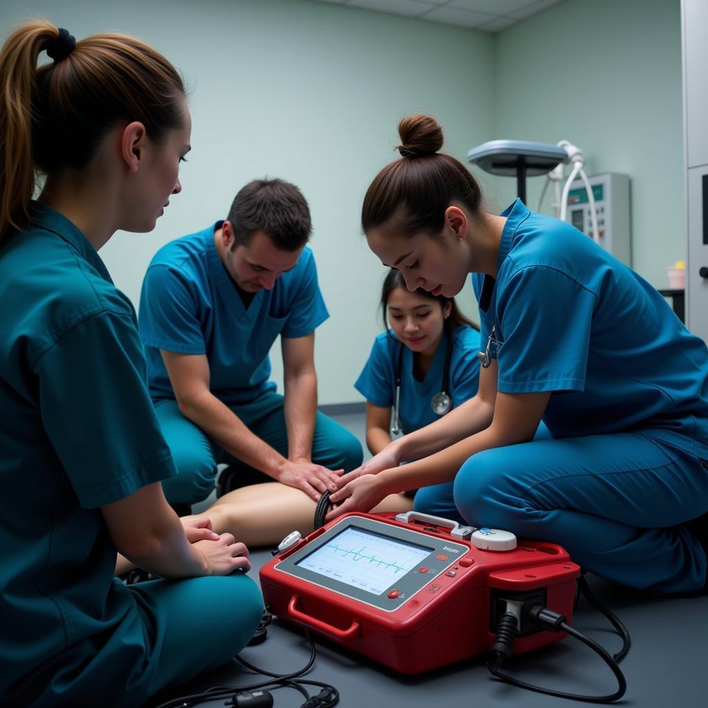 Emergency medical team using a defibrillator on a patient