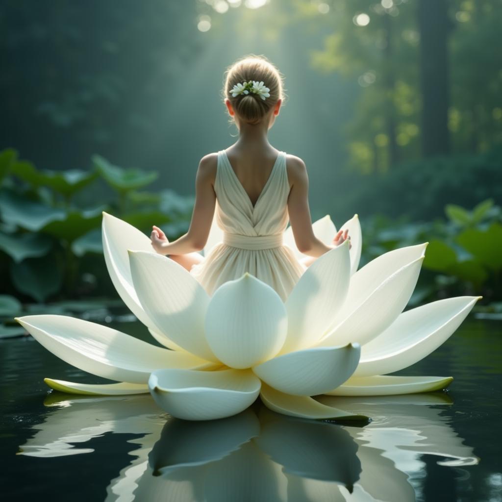 Figure meditating on white lotus