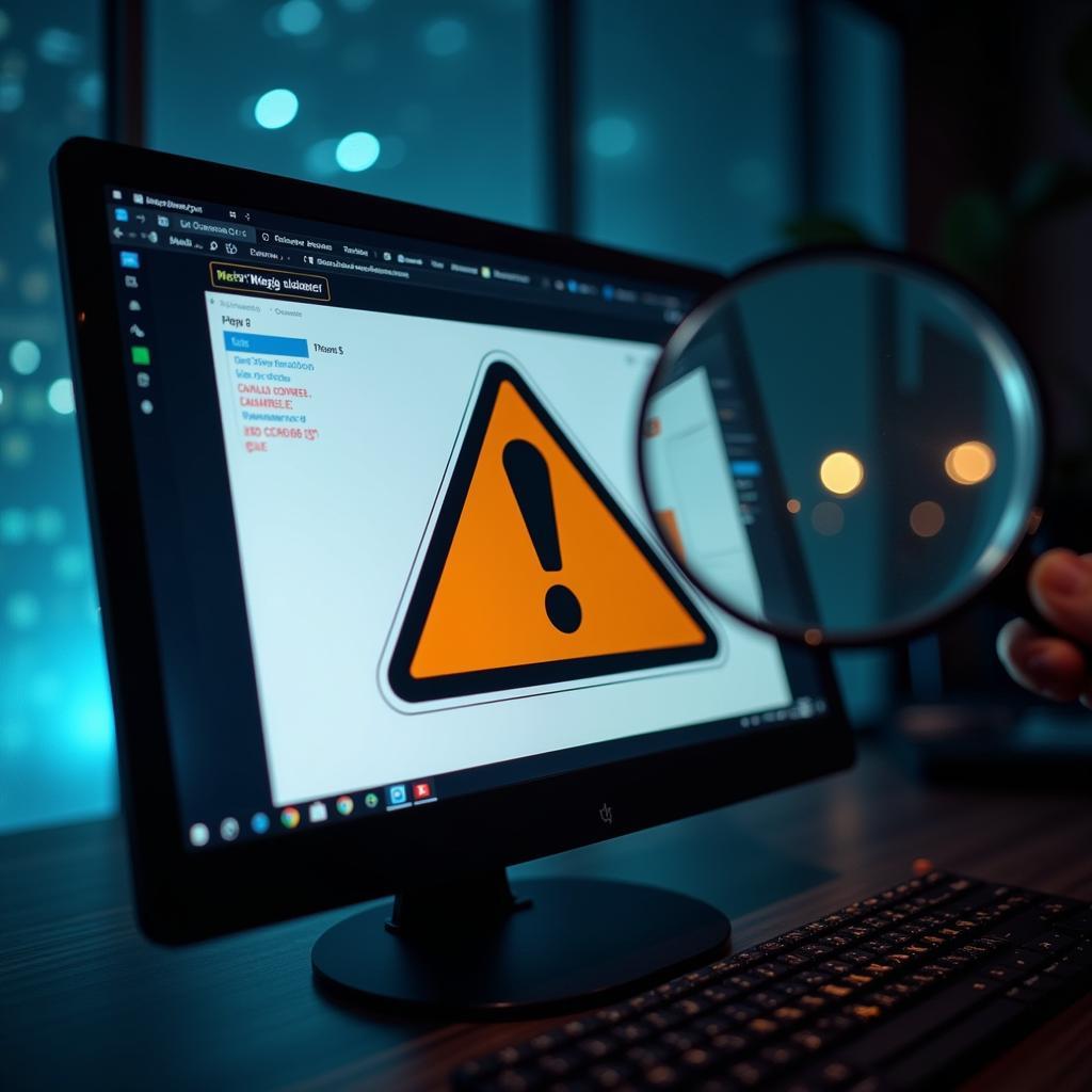 Cybersecurity warning sign with magnifying glass on a computer screen