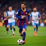 Lionel Messi dribbling past defenders in FIFA 18