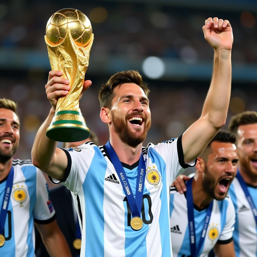 Messi holding the Golden Ball after World Cup victory