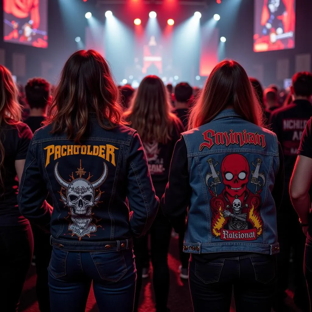 Crowd at Metal Concert with Variety of Band Back Patches