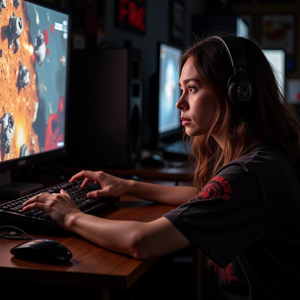 A metalhead engrossed in a game of Command & Conquer, headphones blasting heavy riffs while strategizing their next move.