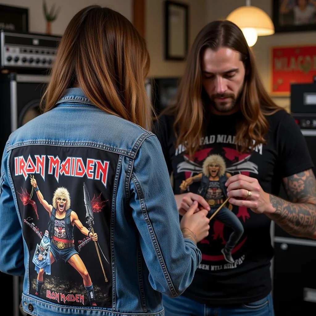 Metalhead sewing back patch onto battle jacket