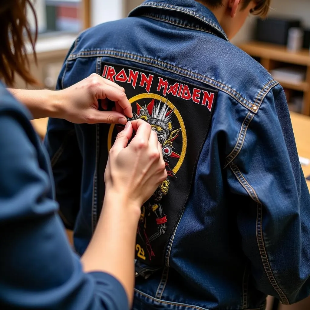 Metalhead Sewing Iron Maiden Back Patch onto Jacket