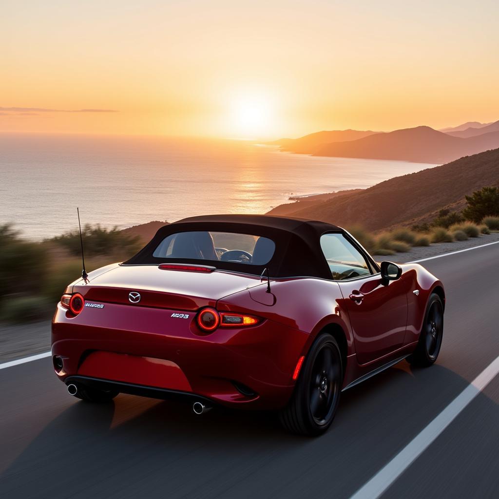 Mazda MX-5 Miata with its soft top down cruising on a scenic road