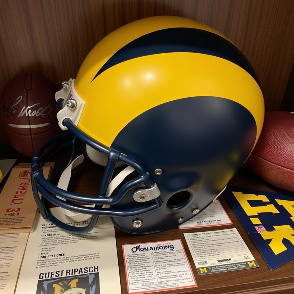 Authentic Michigan Helmet Displayed with Memorabilia