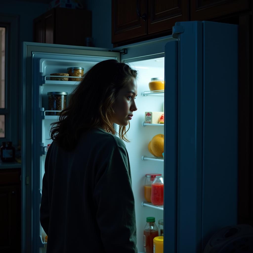 A person staring longingly into a refrigerator late at night