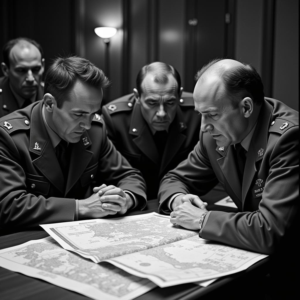 Military strategists huddled around a planning table