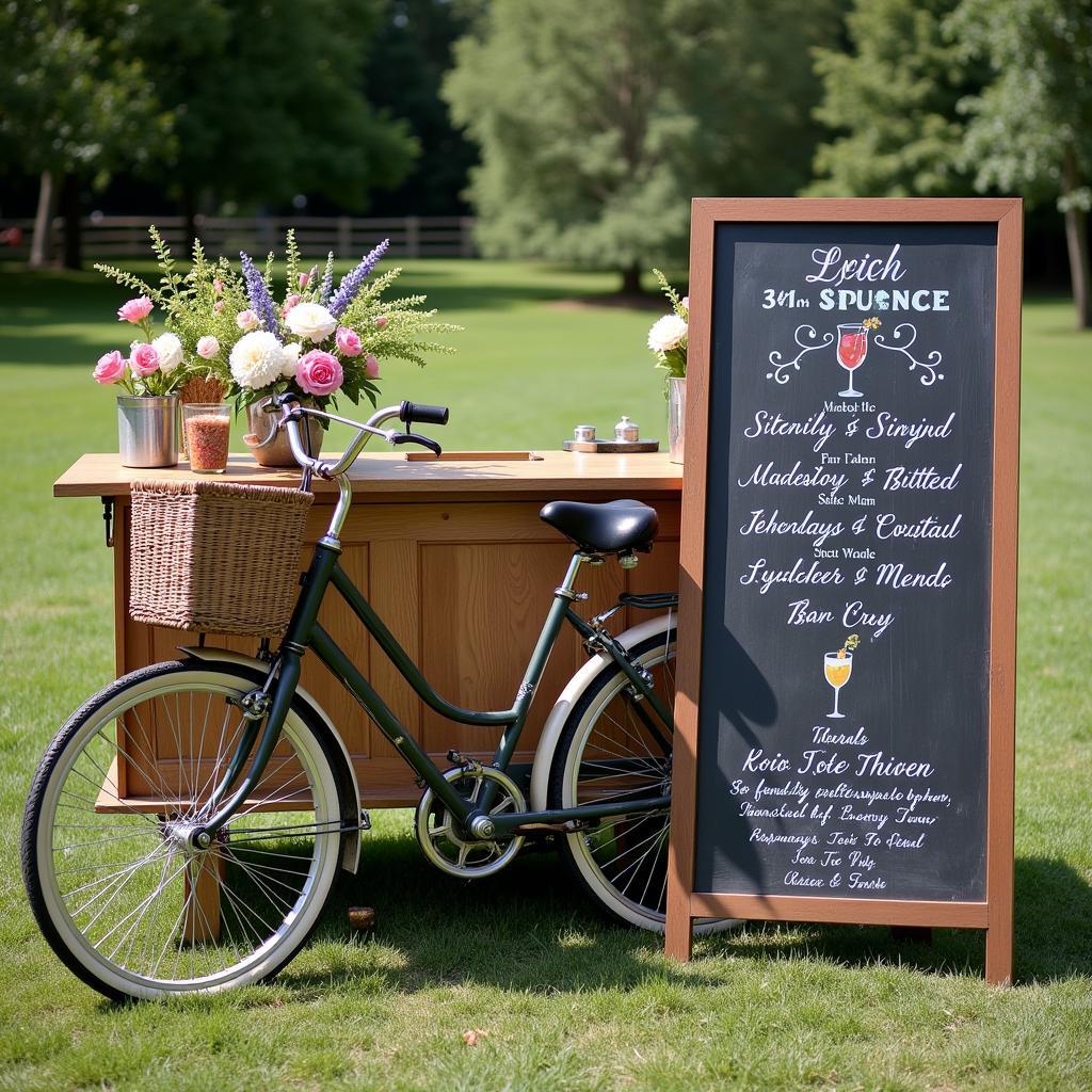 Mobile bar with a vintage bicycle and chalkboard sign