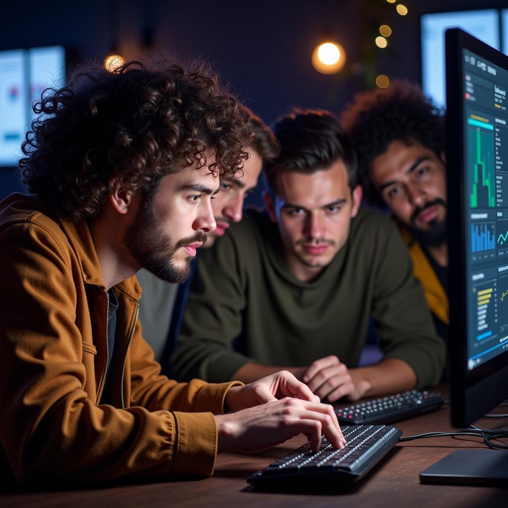 A team of developers discussing game analytics on a computer screen