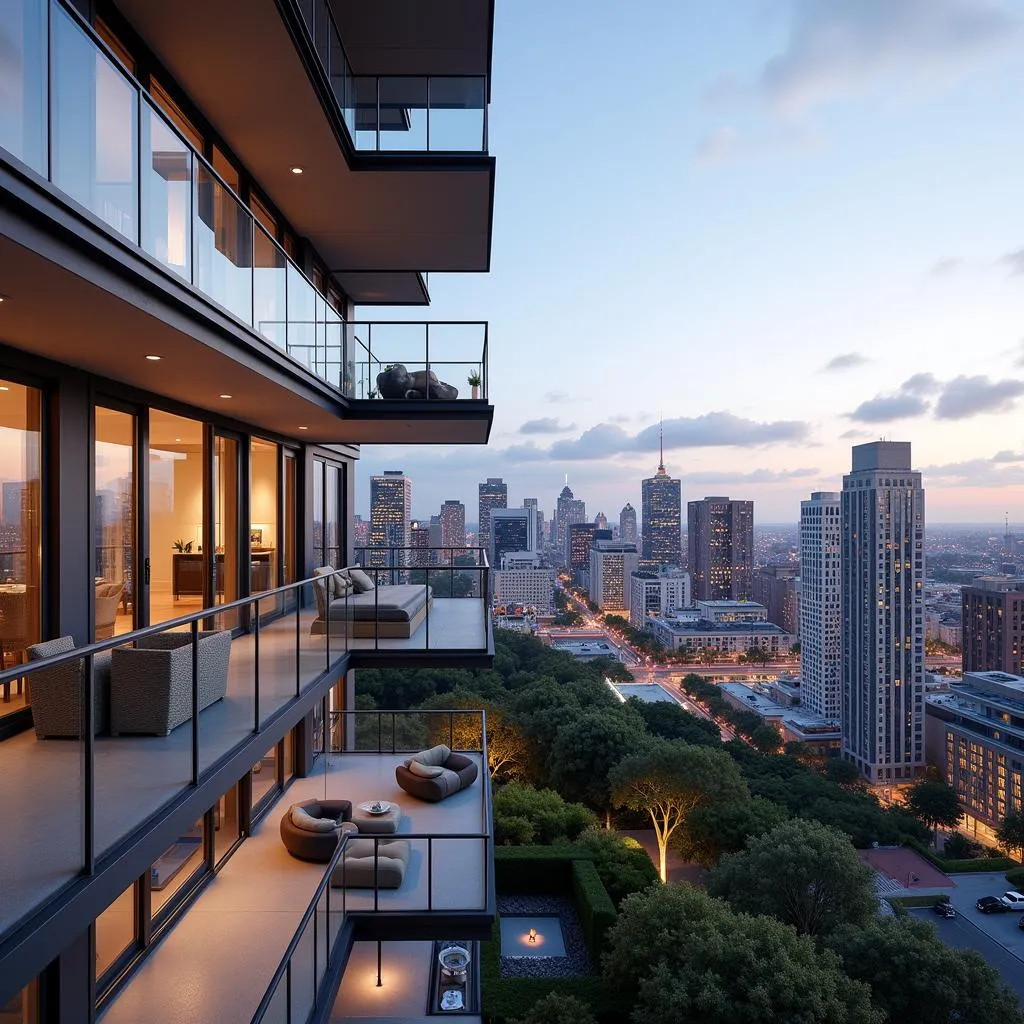 Modern Apartment Building with Balconies and City Skyline View