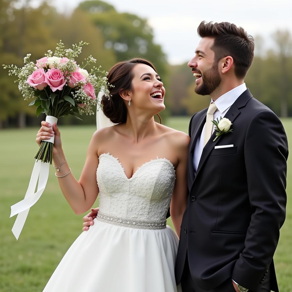 Bride and groom laughing during bouquet toss