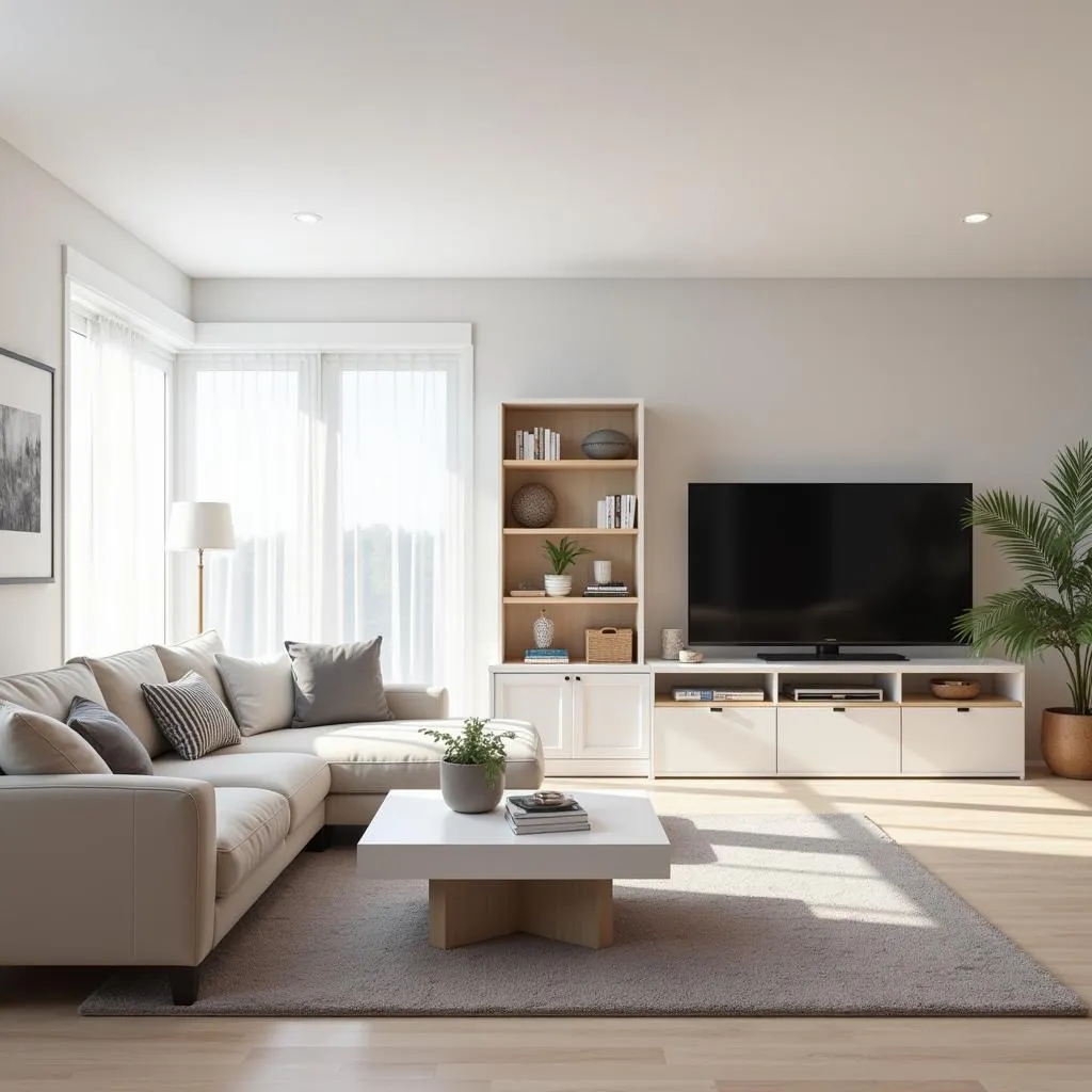 Modern living room furniture with a sofa, coffee table, and entertainment center